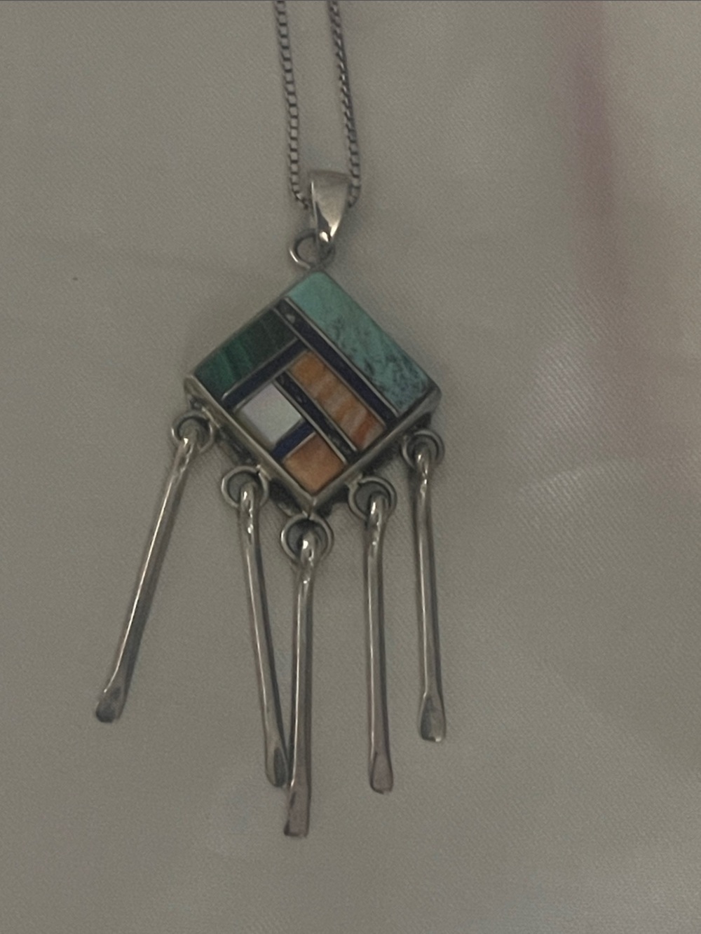 Sterling. Silver Multi-Stone Inlay Pendant Necklace - Turquoise & Earth Tones